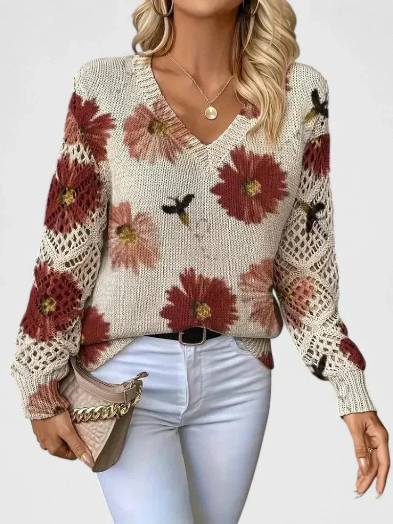 Matilda - Women's Floral V-Neck Sweater with Openwork Sleeves