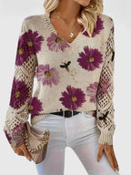 Matilda - Women's Floral V-Neck Sweater with Openwork Sleeves