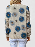 Matilda - Women's Floral V-Neck Sweater with Openwork Sleeves