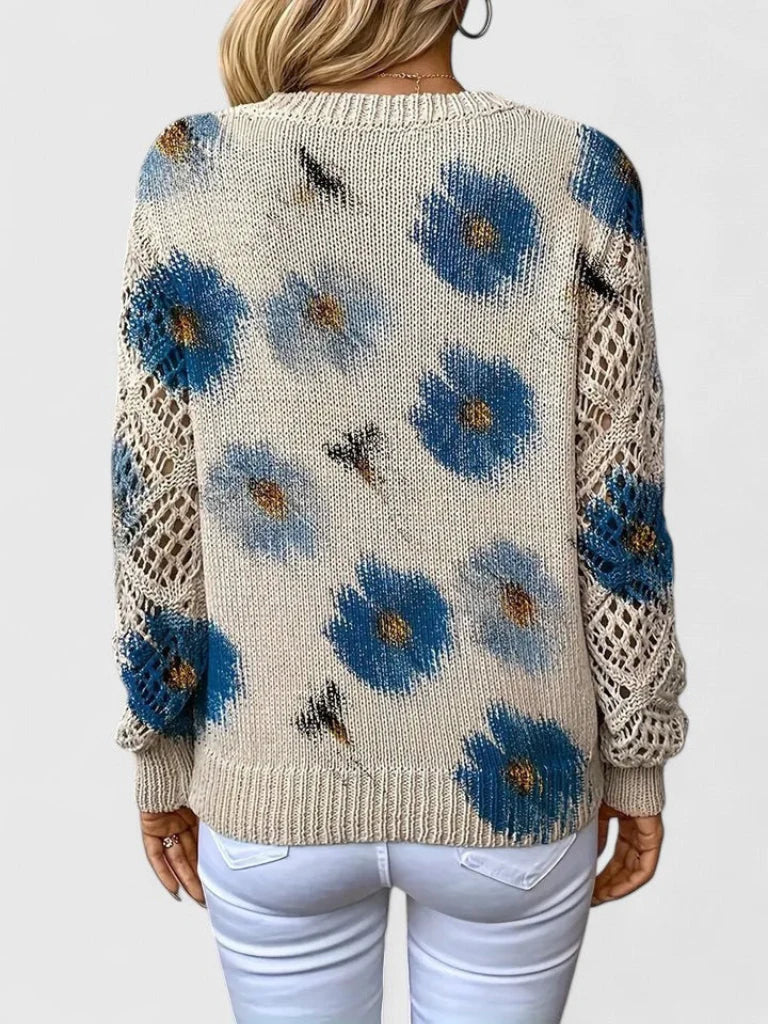 Matilda - Women's Floral V-Neck Sweater with Openwork Sleeves