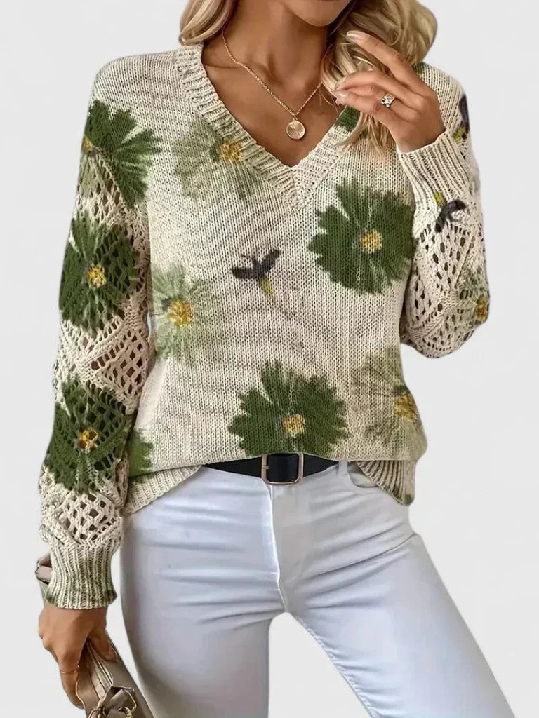 Matilda - Women's Floral V-Neck Sweater with Openwork Sleeves