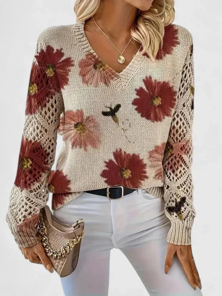 Matilda - Women's Floral V-Neck Sweater with Openwork Sleeves