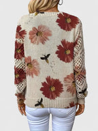 Matilda - Women's Floral V-Neck Sweater with Openwork Sleeves