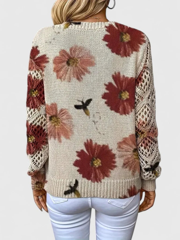 Matilda - Women's Floral V-Neck Sweater with Openwork Sleeves