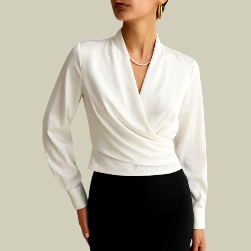 Melody - Women's Draped Satin Blouse with Long Sleeves