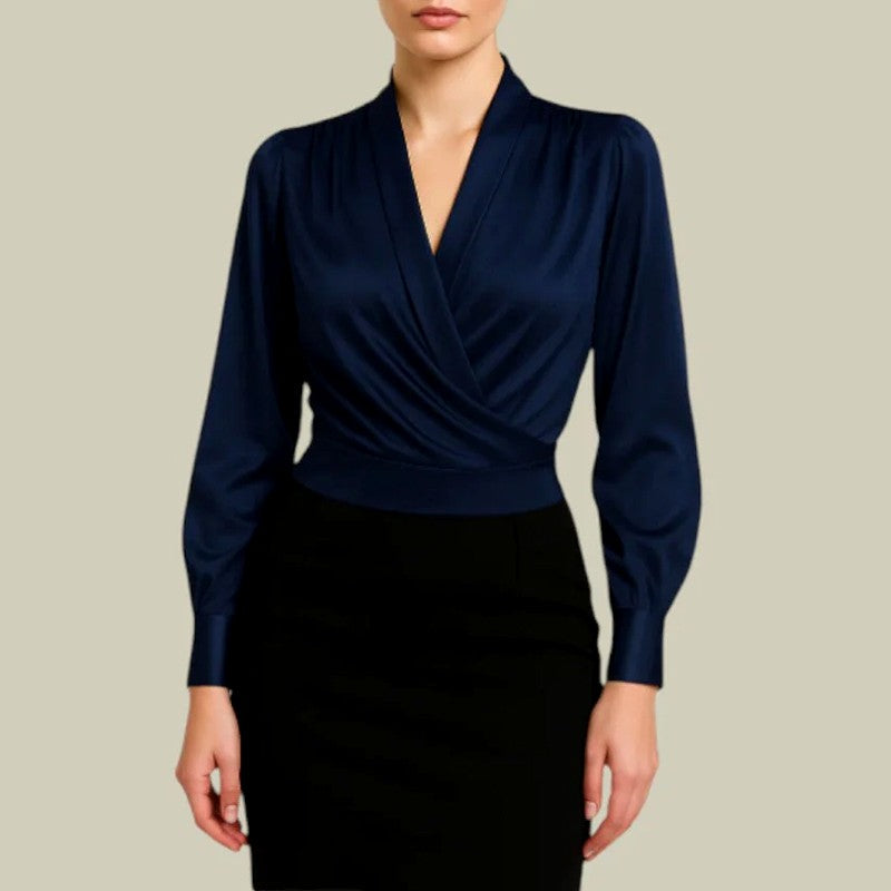 Melody - Women's Draped Satin Blouse with Long Sleeves