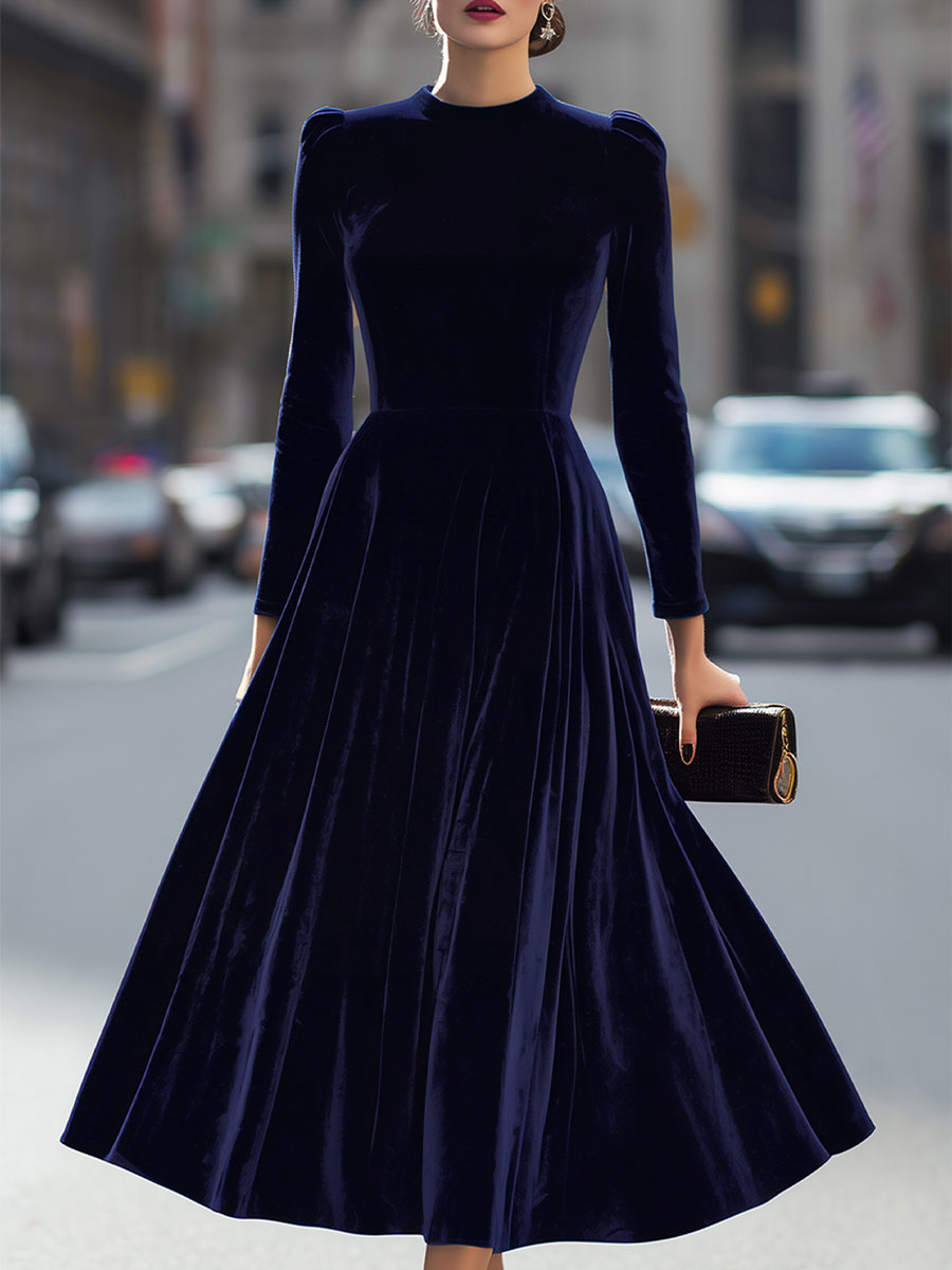 Micah - Women's Long-Sleeve Velvet A-Line Midi Dress