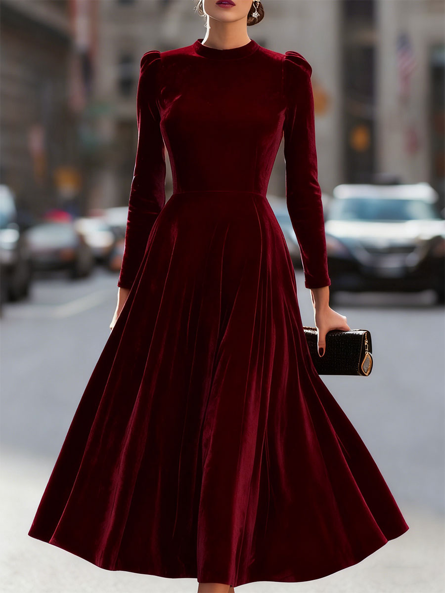 Micah - Women's Long-Sleeve Velvet A-Line Midi Dress