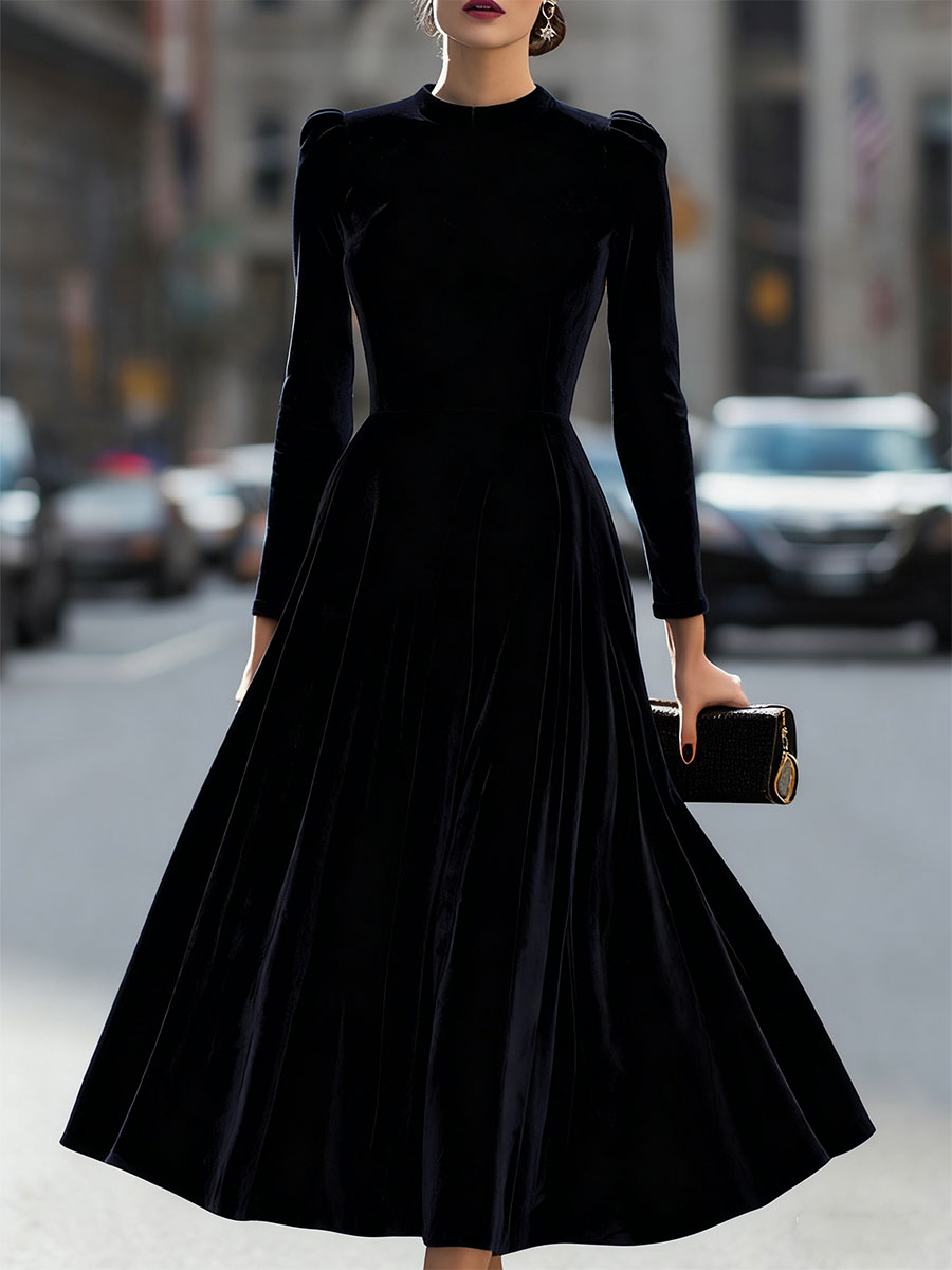 Micah - Women's Long-Sleeve Velvet A-Line Midi Dress