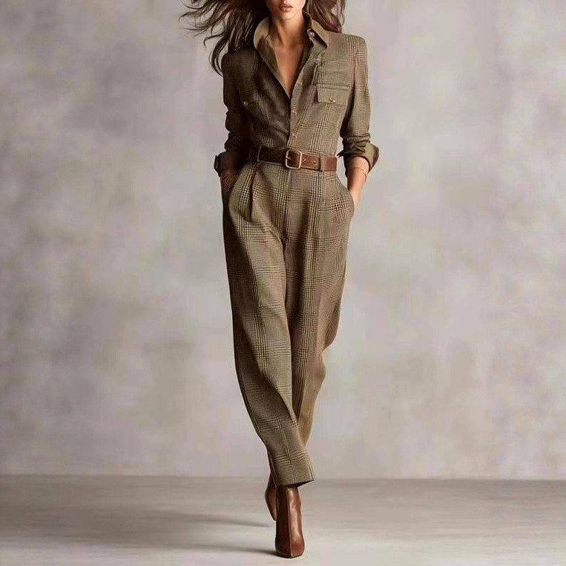 Mira - Women's Collared Plaid Jumpsuit with Belt 2