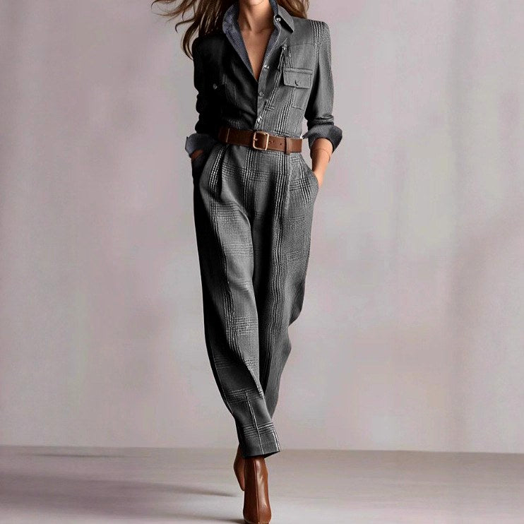 Mira - Women's Collared Plaid Jumpsuit with Belt 3