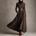 Monica - Women's Plaid Belted Long Sleeve Maxi Dress 1