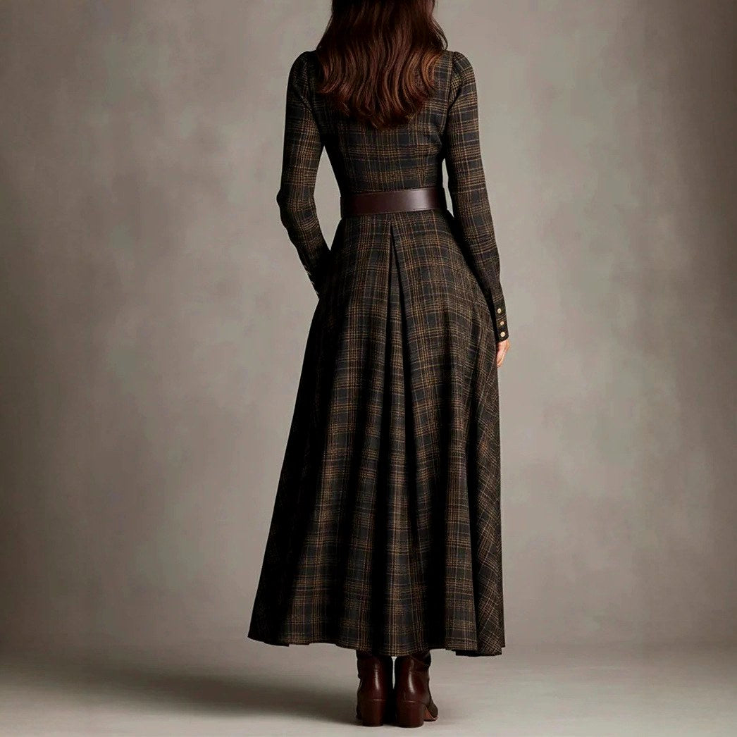 Monica - Women's Plaid Belted Long Sleeve Maxi Dress 2