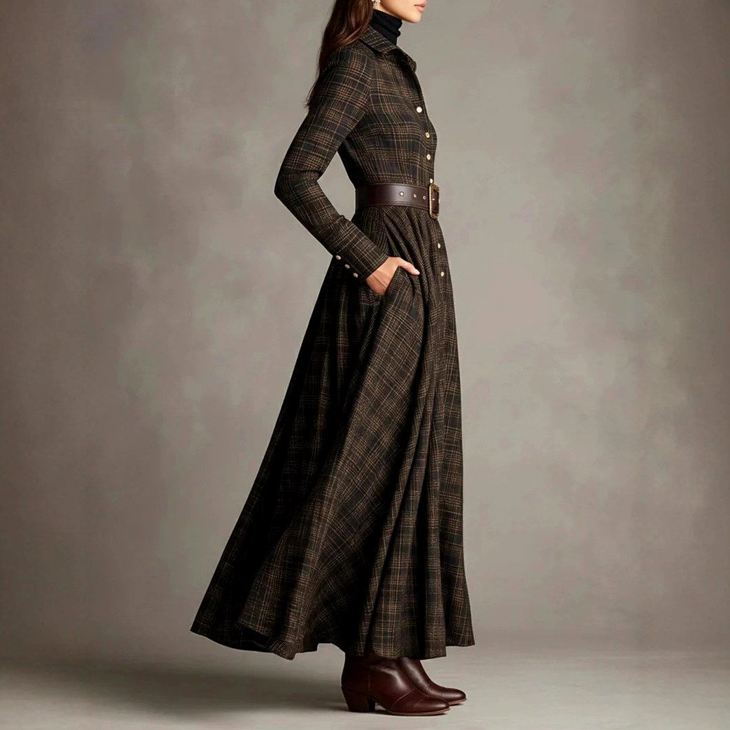 Monica - Women's Plaid Belted Long Sleeve Maxi Dress 3