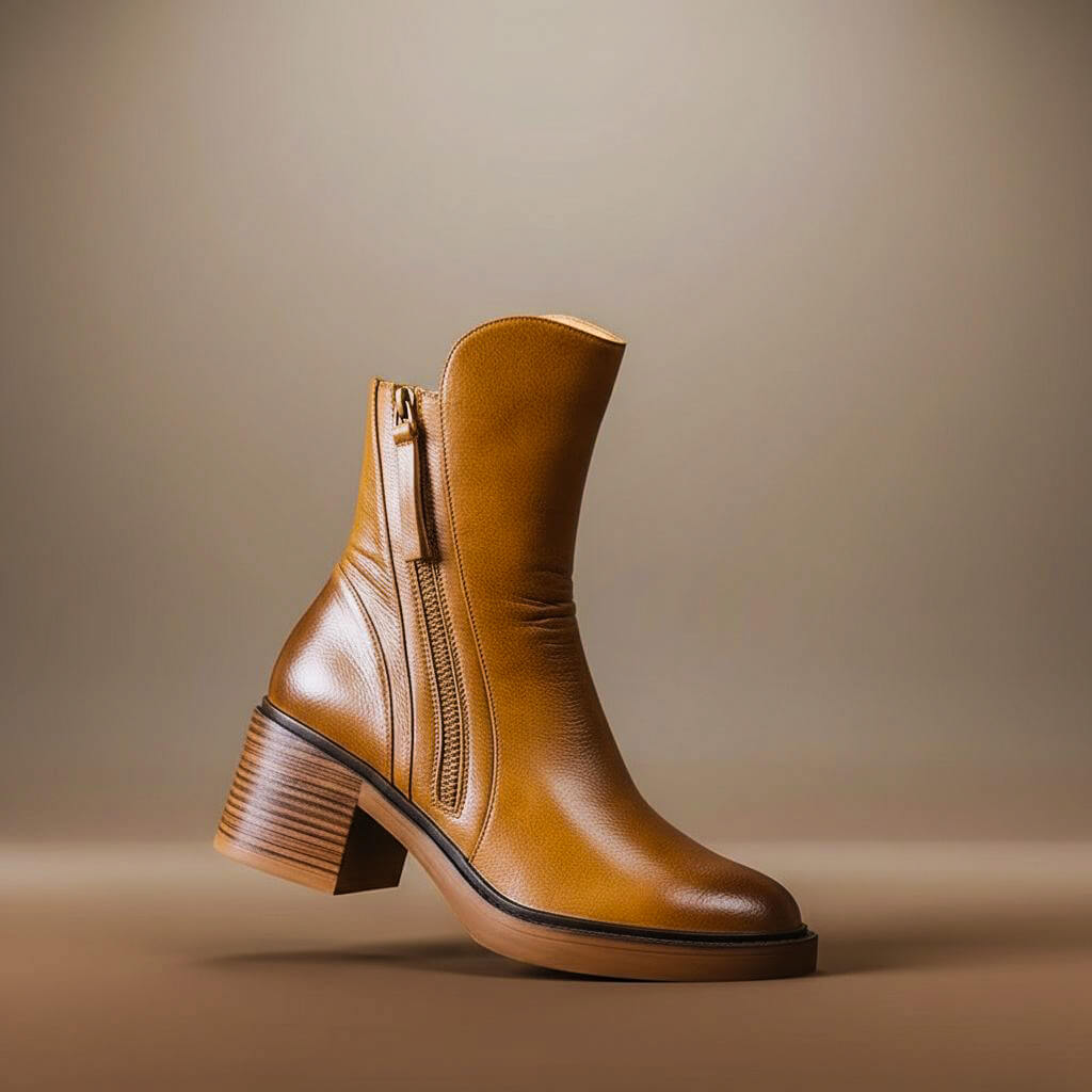 Naomi - Women's Leather Ankle Boots with Block Heel and Side Zip
