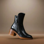 Naomi - Women's Leather Ankle Boots with Block Heel and Side Zip
