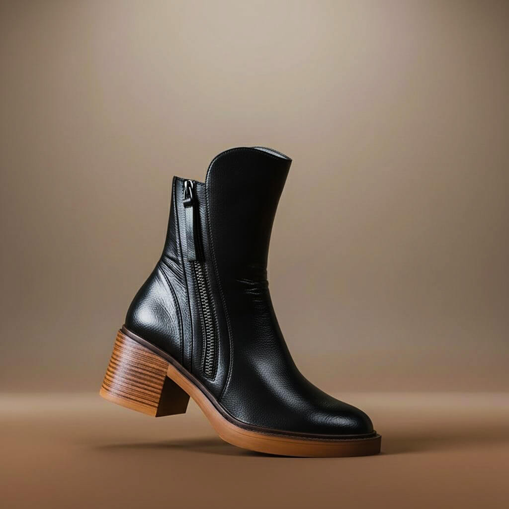 Naomi - Women's Leather Ankle Boots with Block Heel and Side Zip