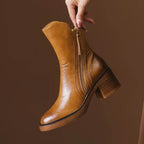 Naomi - Women's Leather Ankle Boots with Block Heel and Side Zip