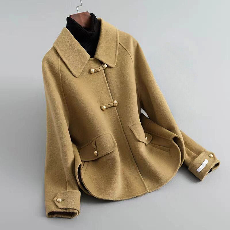 Naomi - Women's Pearl-Button Wool Coat with Notched Collar