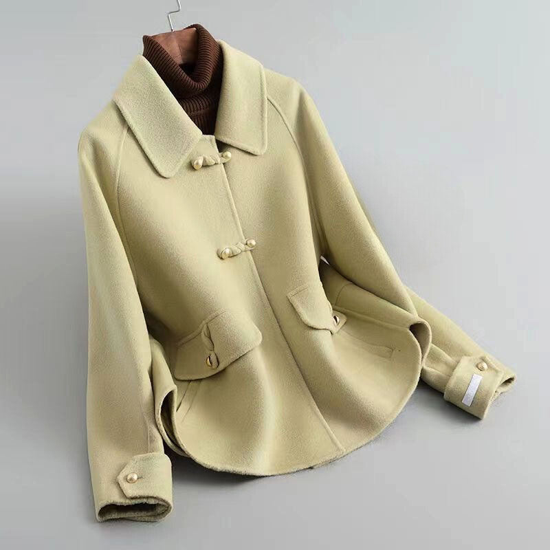 Naomi - Women's Pearl-Button Wool Coat with Notched Collar