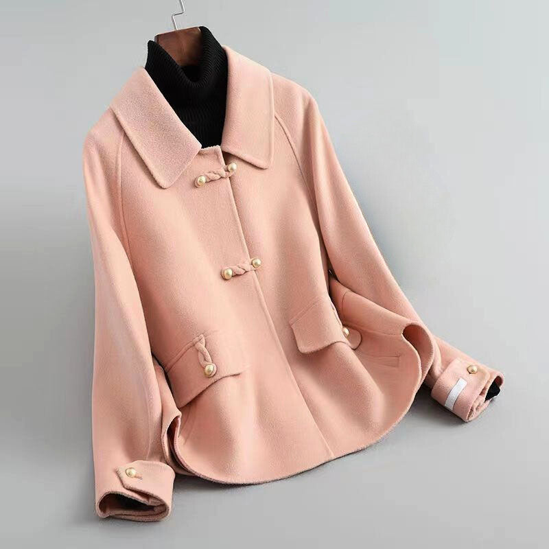 Naomi - Women's Pearl-Button Wool Coat with Notched Collar