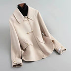 Naomi - Women's Pearl-Button Wool Coat with Notched Collar