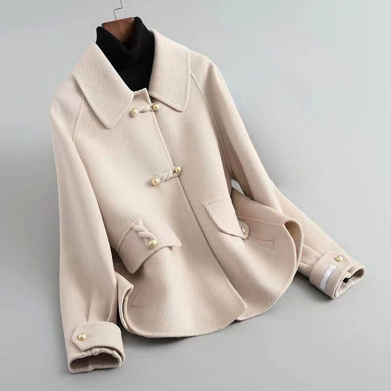 Naomi - Women's Pearl-Button Wool Coat with Notched Collar