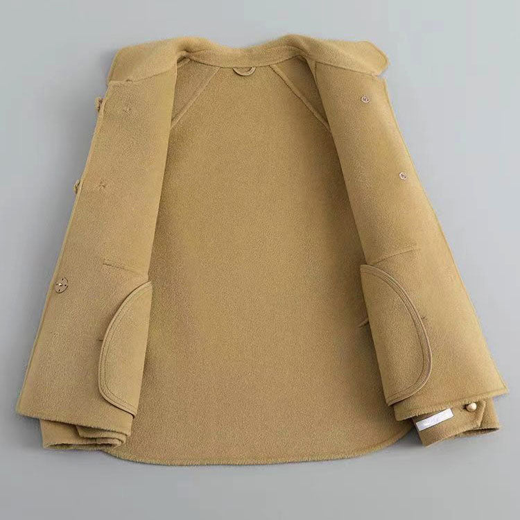 Naomi - Women's Pearl-Button Wool Coat with Notched Collar