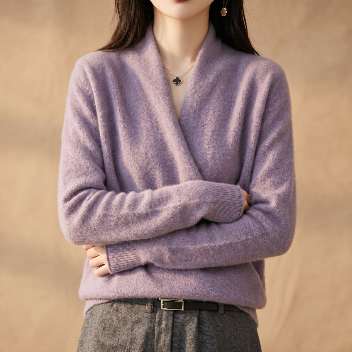 Natasha - Women's Wrap V-Neck Merino Wool Sweater