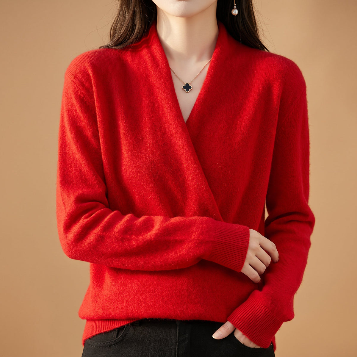 Natasha - Women's Wrap V-Neck Merino Wool Sweater 