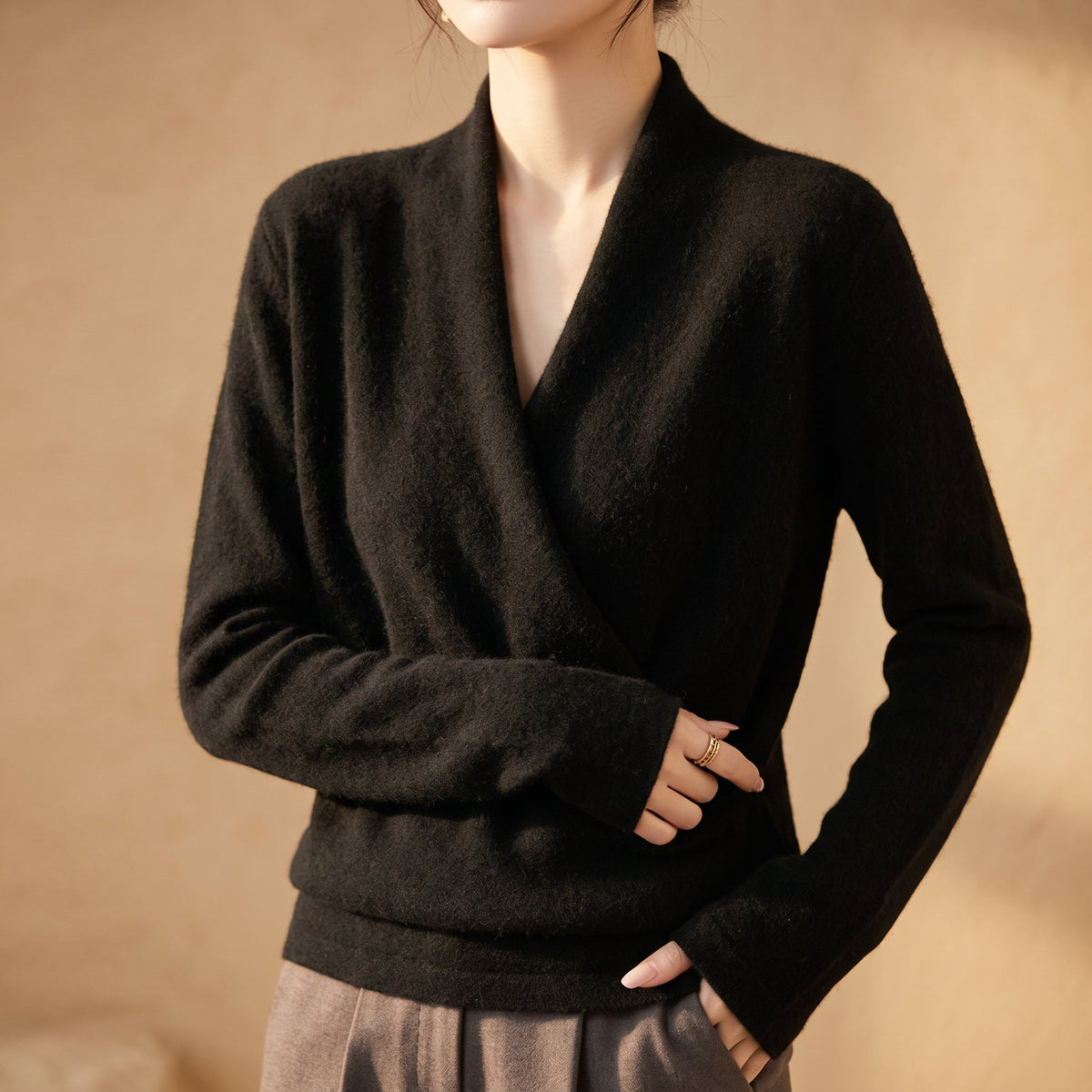 Natasha - Women's Wrap V-Neck Merino Wool Sweater