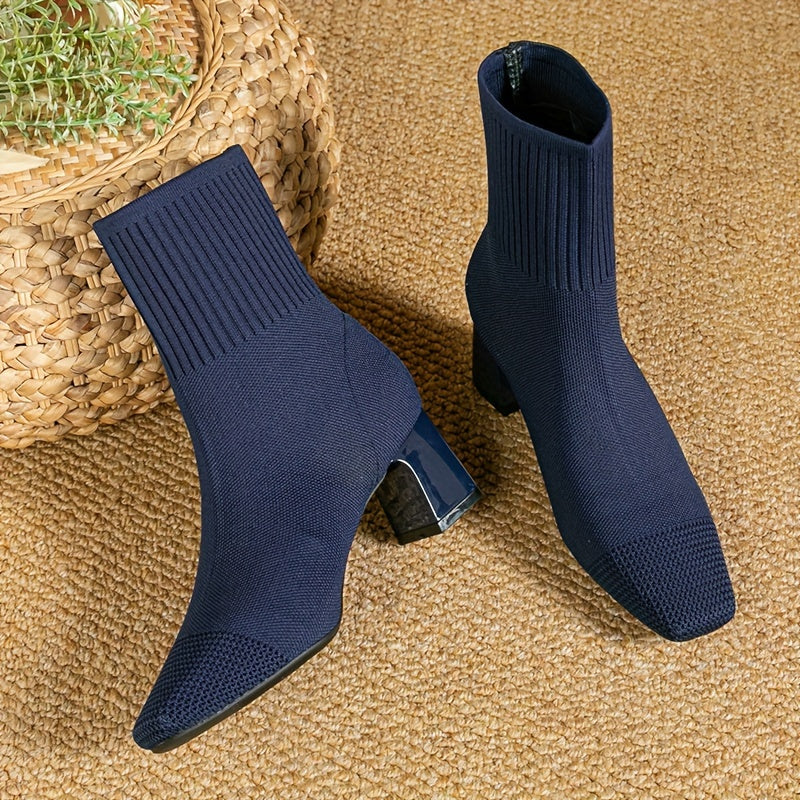 Nicole - Women's Ribbed Knit Ankle Boots with Block Heel