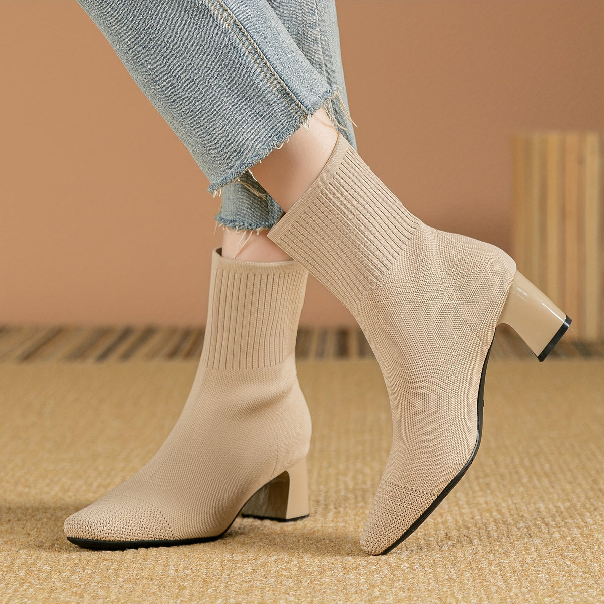 Nicole - Women's Ribbed Knit Ankle Boots with Block Heel
