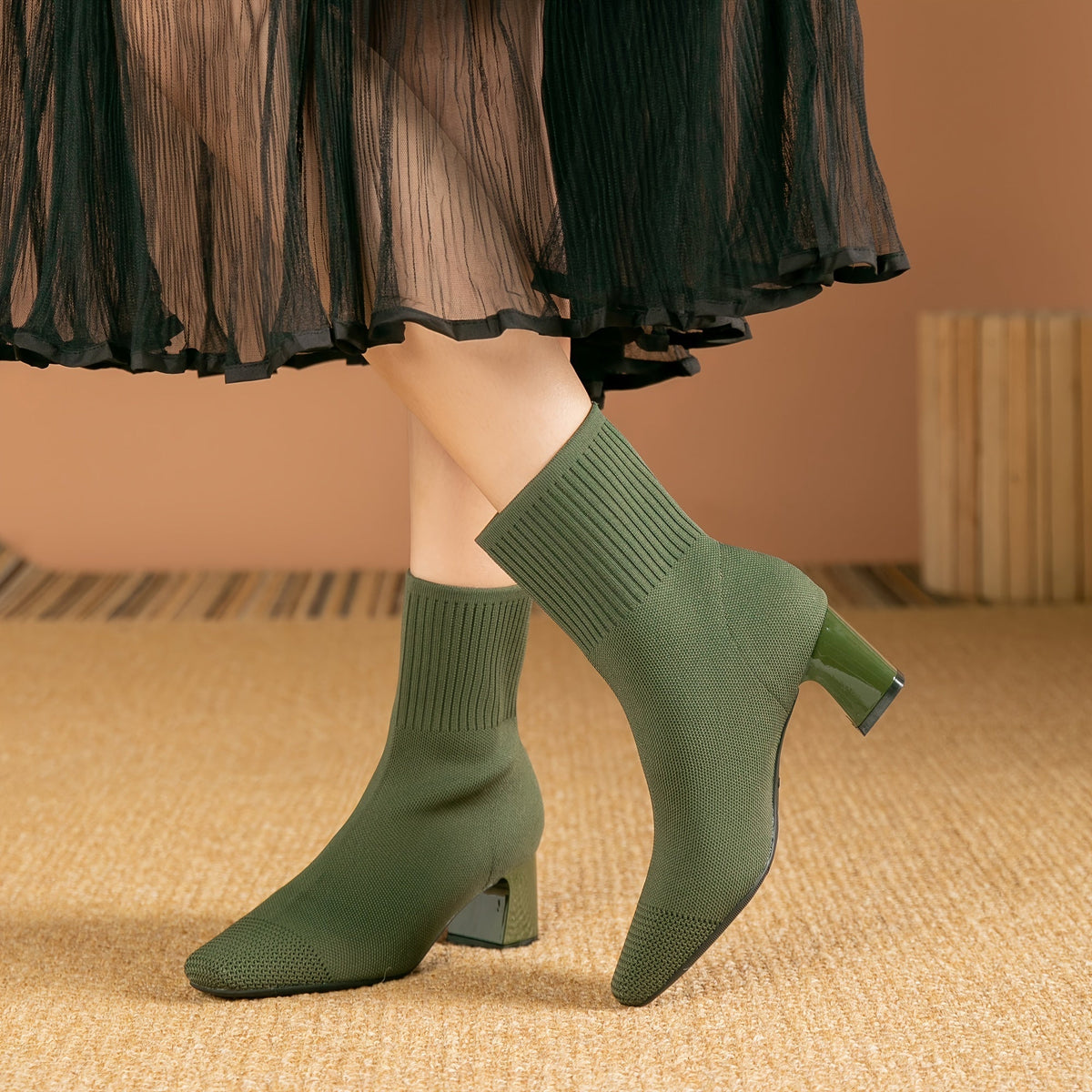 Nicole - Women's Ribbed Knit Ankle Boots with Block Heel