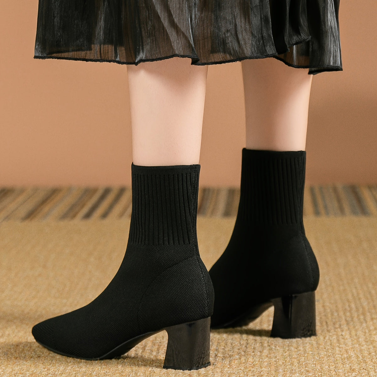 Nicole - Women's Ribbed Knit Ankle Boots with Block Heel