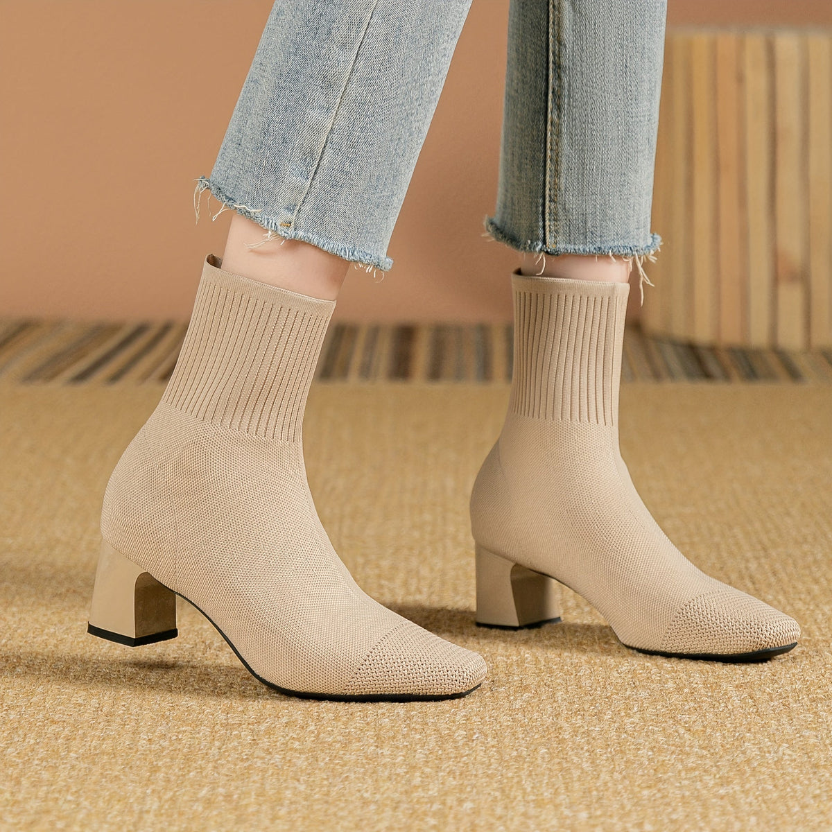 Nicole - Women's Ribbed Knit Ankle Boots with Block Heel