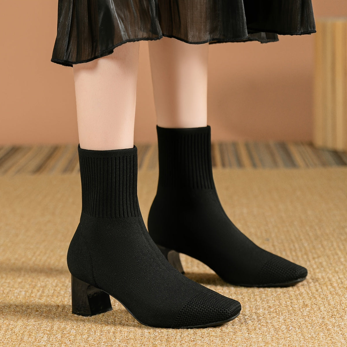 Nicole - Women's Ribbed Knit Ankle Boots with Block Heel