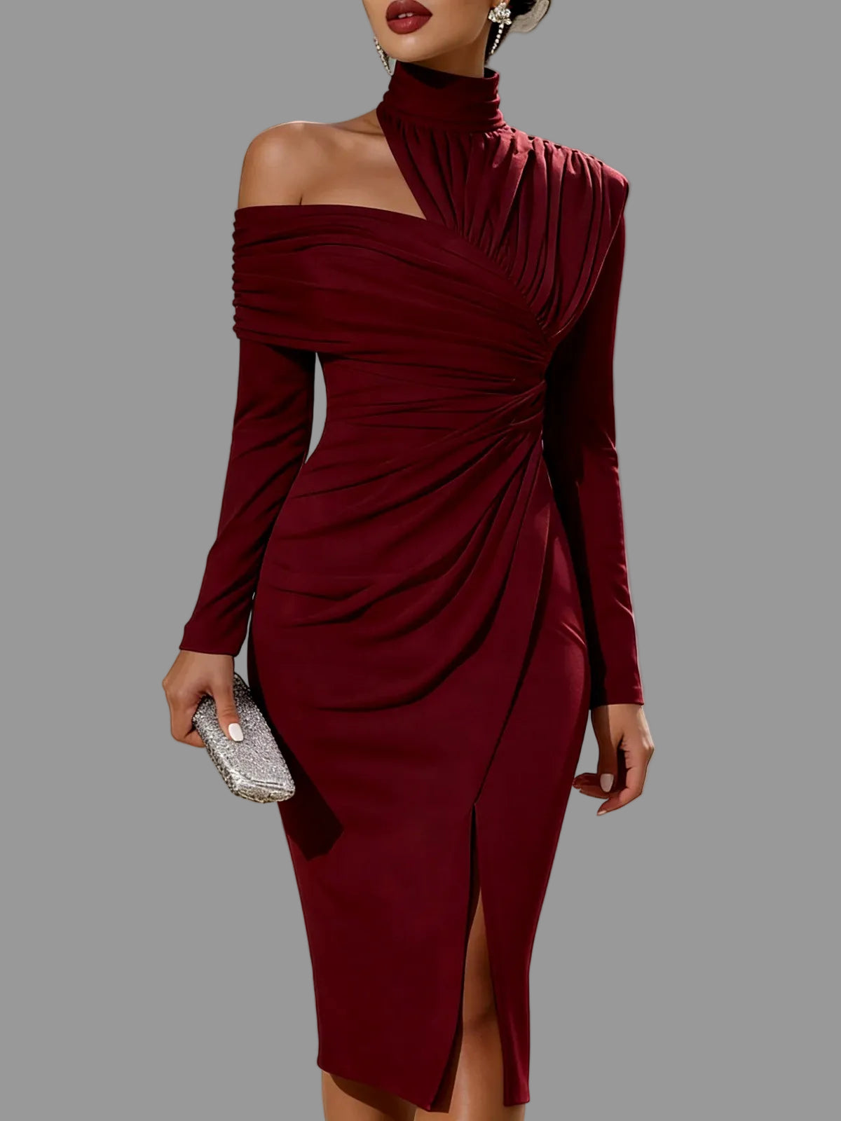 Nikki - Women's Ruched One Shoulder Long Sleeve Dress 4