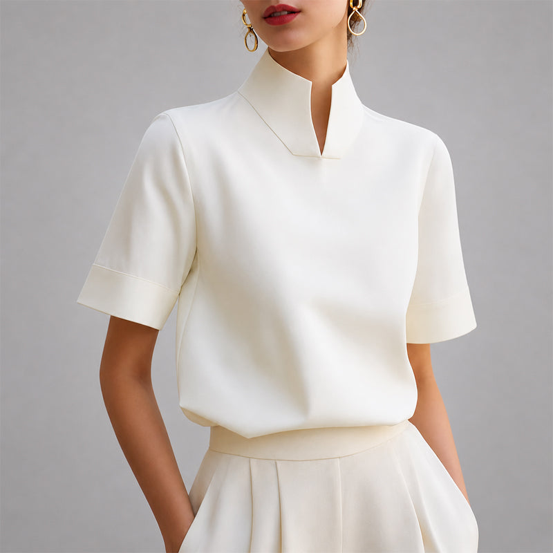 Noelle - Women's Mock Neck V-Cut Short-Sleeve Blouse