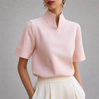 Noelle - Women's Mock Neck V-Cut Short-Sleeve Blouse