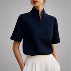 Noelle - Women's Mock Neck V-Cut Short-Sleeve Blouse
