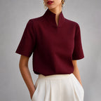 Noelle - Women's Mock Neck V-Cut Short-Sleeve Blouse