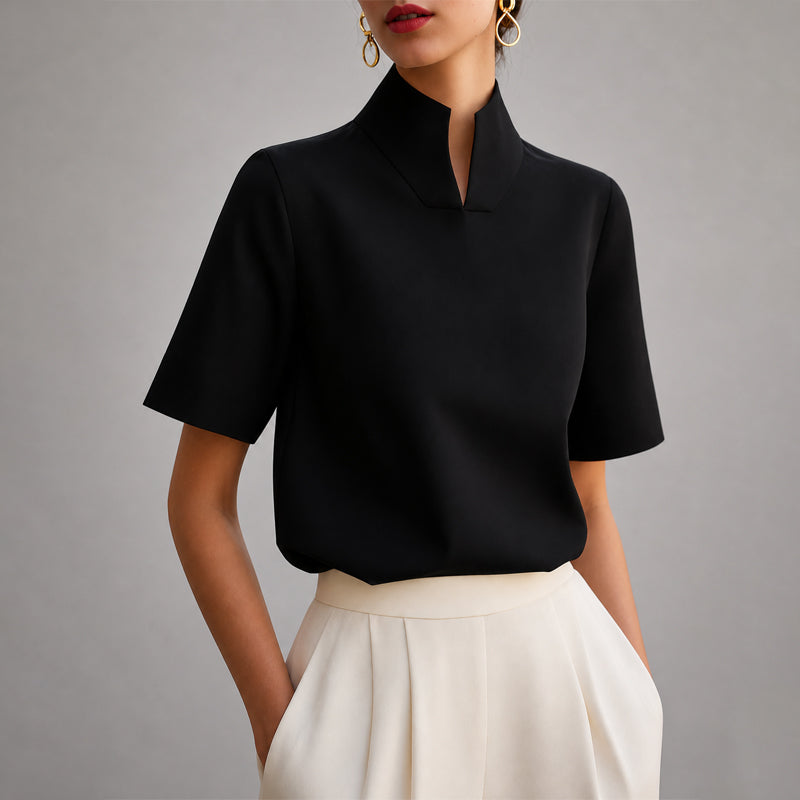 Noelle - Women's Mock Neck V-Cut Short-Sleeve Blouse