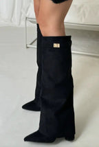 Noemi - Women's Tapered Suede Knee-High Boots with Buckle Detail