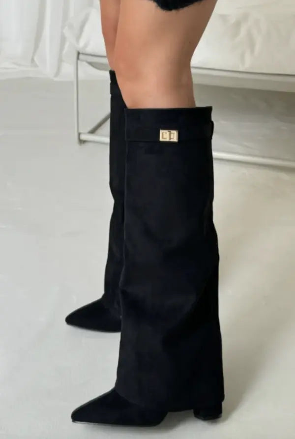 Noemi - Women's Tapered Suede Knee-High Boots with Buckle Detail