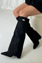 Noemi - Women's Tapered Suede Knee-High Boots with Buckle Detail