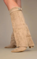 Noemi - Women's Tapered Suede Knee-High Boots with Buckle Detail