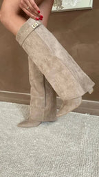 Noemi - Women's Tapered Suede Knee-High Boots with Buckle Detail