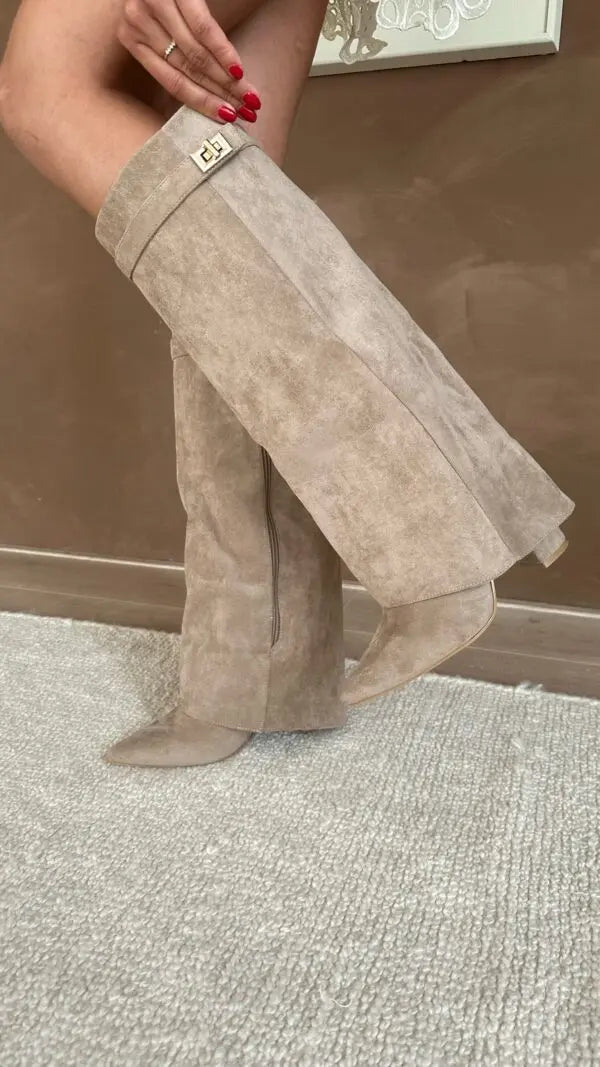 Noemi - Women's Tapered Suede Knee-High Boots with Buckle Detail