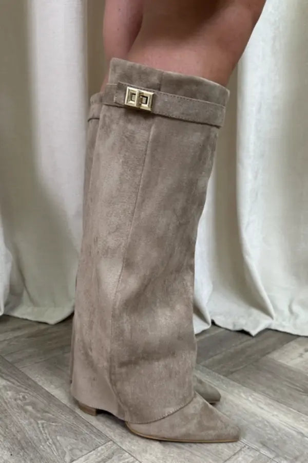 Noemi - Women's Tapered Suede Knee-High Boots with Buckle Detail